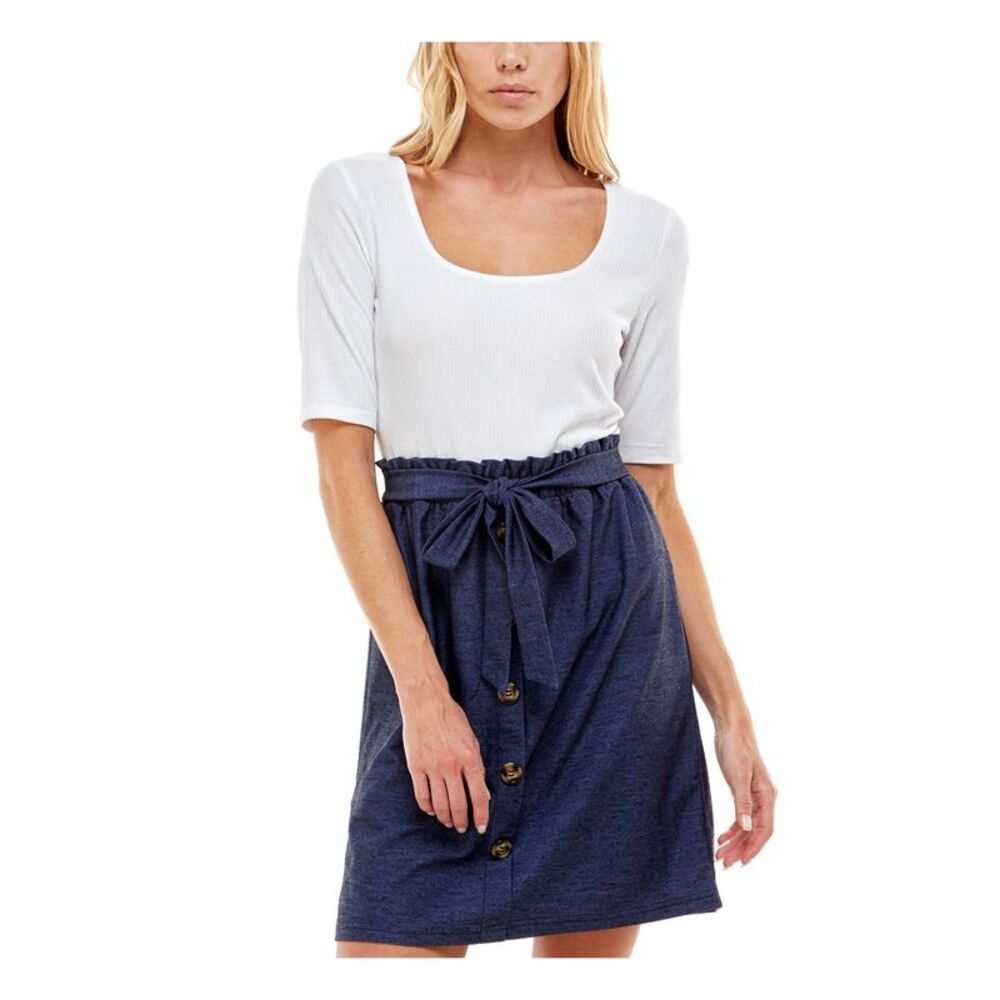 ULTRA FLIRT Womens White Belted Waistline Elbow Sleeve Fit + Flare Dress M